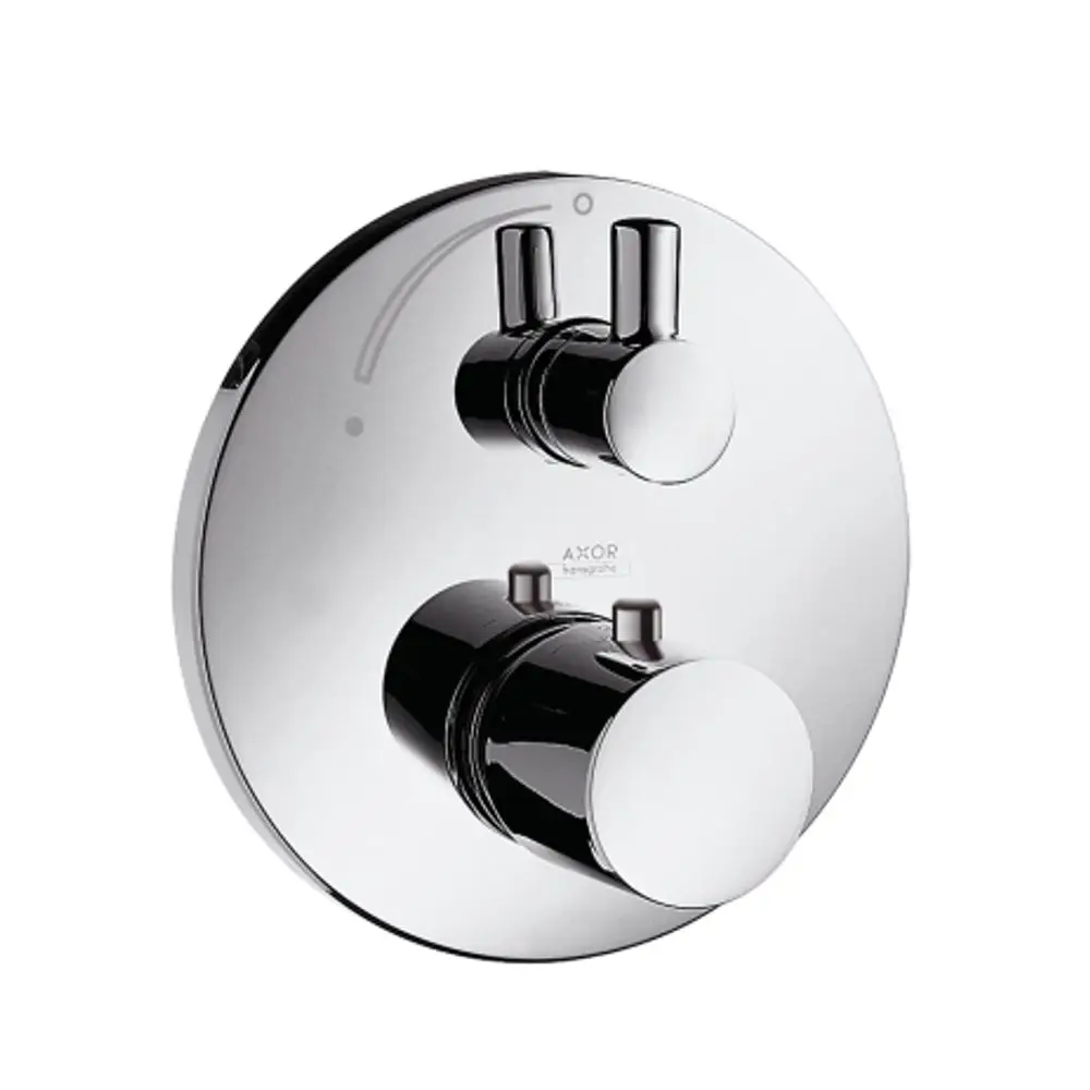 Thermostat mit zwei Steuerknöpfen in Chromausführung, montiert auf einer runden Wandplatte. Marke: AXOR.
